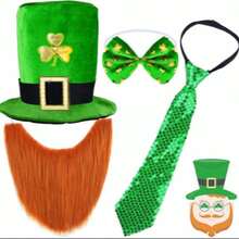 St. Patrick's Day Beard Hat Clover Glasses Bow Tie Set, Clover Beaded Bracelet - Multicolor - View 1