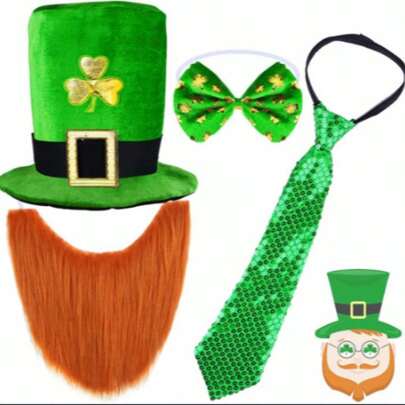 St. Patrick's Day Beard Hat Clover Glasses Bow Tie Set, Clover Beaded Bracelet