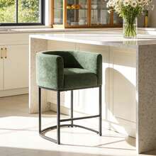 26" Counter Height Bar Stools Set Of 1, Modern Fabric Upholstered Barrel Bar Chairs With Backrest & Armrests, Black Metal Frame Accent Stools For Kitchen Island - 綠色 - 查看 1
