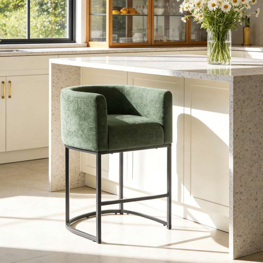 26" Counter Height Bar Stools Set Of 1, Modern Fabric Upholstered Barrel Bar Chairs With Backrest & Armrests, Black Metal Frame Accent Stools For Kitchen Island - 綠色 - 查看 1