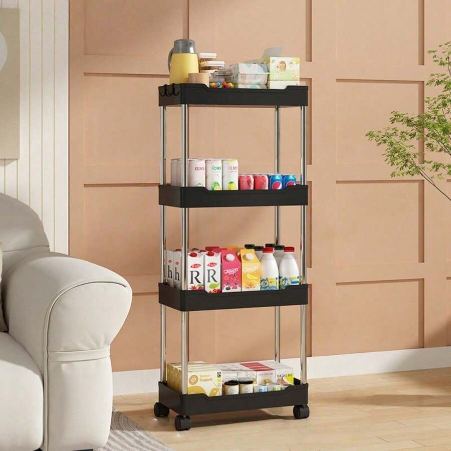 黑色小型落地式滚动置物架，多层设计，适用于浴室、卫生间、缝隙、客厅、厨房等场所，可作为多层置物架、小型滚动置物架、家居浴室装饰、浴室收纳整理架、秋季装饰或返校季装饰。 - 黑色 - 查看 1