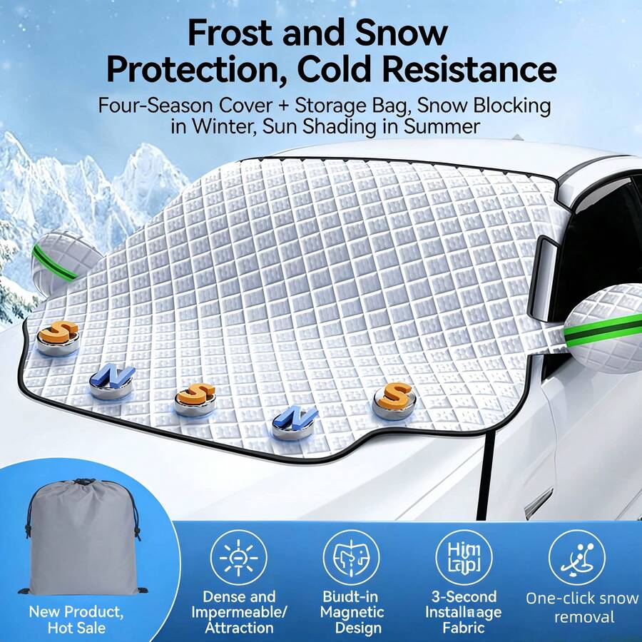 1pc Car Snow Cover, Sun/Snow/Dust Protection, Half-Body Cover, Thickened & Extended Windshield Cover, EV Winter Sun/Snow Cover With Frost Guard, Hanging Rope And Storage Bag - A - View 1
