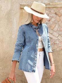 Top vaquero informal y elegante para mujer con mangas largas regulares y detalles de botones, diseño de cuello de béisbol - Azul lavado medio - Ver 3