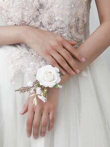 1pc/6pcs Luxury Princess Rose Flower With Faux Greenery & Pearl Bracelet, Suitable For Bride, Groom, Bridesmaids, Weddings, Engagements, Parties, Events