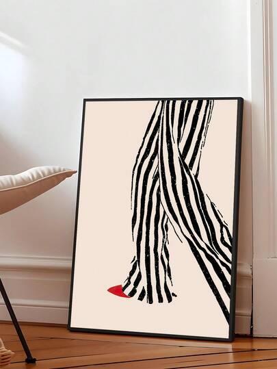 1pc Black And White Striped Pants Fashion Print, Red Shoes, Fashion Line Art Poster, Bold Red Striped Suit Abstract Wall Print, Modern Minimalist Illustration Style Artwork, The Ideal Gift For Friends, Bedroom Art Print, Living Room Decor, Office Decor, Bathroom Decor, Wall Arts, Wall Decor, Home Decor, Room Decor, Canvas Wall Art, Posters, Wall Art With Frame, Optional Frame ﻿