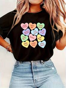 Valentine'S Day Candy Heart Print T-Shirt - Funny "How Sweet It Is" & "Love You" Design, Unisex Casual Short Sleeve Tee, 220GSM Pure, All-Season - Svart - Visa 6