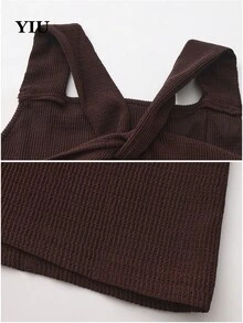 YIU Women's Sleeveless Ribbed Polyester Tank Top, Twist Detail Design, Regular Length Straps, Vacation Outfit, New Summer Item For Women - Brown - View 5