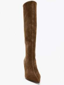 New Autumn Women's Suede Pointed Toe High Heel Tall Boots,Kitten Heels - Khaki - View 4