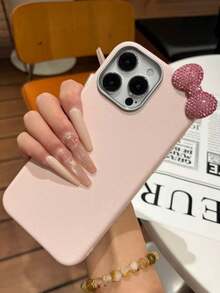 Premium Solid Pink Phone Case 2 Pieces Set (Case + Bowknot) | Exquisite Cover With Pink Sparkling Diamond Bowknot | Stylish Must-Have Accessory, Minimalist & Sweet Style | Perfect Gift For Friends & Besties On New Year, Valentine's Day & Birthdays | Shockproof, Anti-Slip & Scratch-Resistant | Compatible With IPhone 17/17 Pro/17 Pro Max - Pink - View 1