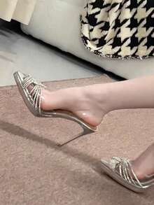 10cm High Heel Pointed Toe PVC Transparent Rhinestone Sandals, Summer 2026 New Backless Wedding Party Shoes For Women - Silver - View 3