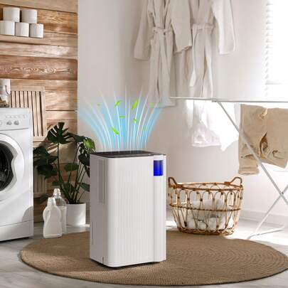  HOMCOM 12L/Day Dehumidifier With Low Noise Level, Continuous Drainage, 2L Water Tank, 24H Timer, LED Display, Filter, Auto Defrost, Children Lock, Dehumidifier For Home Damp, Laundry Drying, Basement