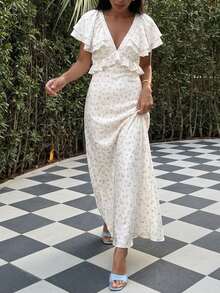 优雅女士白色碎花V领荷叶边短袖长连衣裙，修身A字梭织面料长款连衣裙。夏季 - 白色 - 查看 1