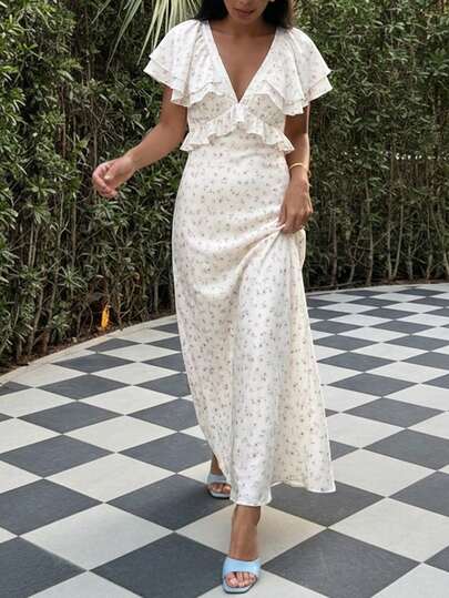 优雅女士白色花卉V领荷叶边短袖长连衣裙，修身A字梭织面料长款连衣裙。