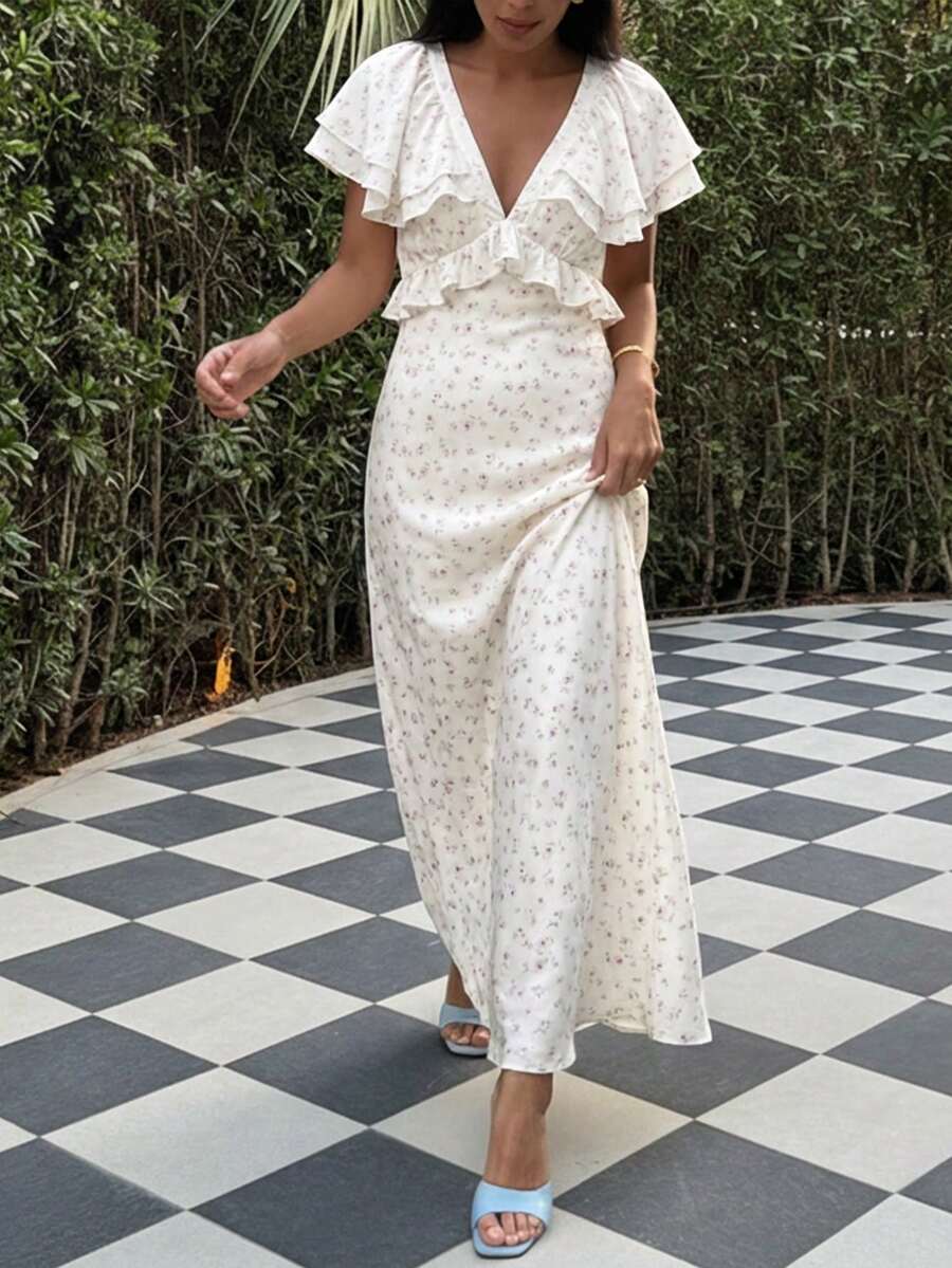 优雅女士白色碎花V领荷叶边短袖长连衣裙，修身A字梭织面料长款连衣裙。夏季 - 白色 - 查看 1