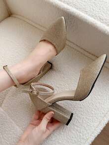 Elegant Party Pointed Toe Mary Jane Women's Gold Champagne And Silver High Heel Pumps, Sexy Modern Ankle Strap Chunky Heels - Champagne - View 5