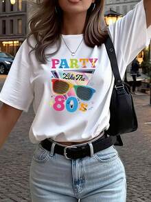 Camiseta gráfica de cultura musical disco, estilo vintage, texto colorido con gafas retro y patrón de elemento de relámpago, llena de nostalgia de la cultura de las fiestas, camiseta de mujer, cómoda de cuello redondo, blusas de mujer, otoño de mujer, diaria casual, otoño e invierno de mujer, parte superior de abrigo de mujer - Blanco - Ver 10