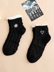 4双装女士低帮袜 - 华夫格针织花呢心形山茶花刺绣泡泡袜口，适合春夏穿着 - 彩色 - 查看 3