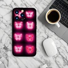 1PC Phone Case ,  Pink Butterflies On Black Background , Stylish Phone Case, Phone Decoration, All-around Lens Protection, Creative Small Gift, Funny Gift for Boys and Girls - Negro - Ver 6