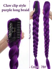 28-Inch Long Purple Synthetic Fiber Braided Wig With Clip-On Ponytail, Suitable For Cosplay, Halloween And Christmas
