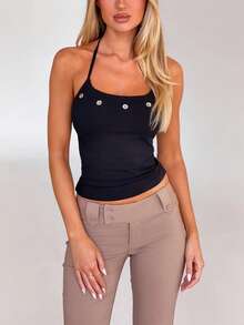 Women's Y2K Retro American Style Button Spaghetti Strap Cropped Camisole Top, Summer Casual Black - Black - View 3