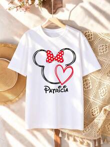 Disney Valentine's Day Elements Minnie Mouse Heart Print Pattern Girls' T-Shirt - Children's Clothing Design Short-Sleeve Casual Cute Style Comfortable And Relaxed Suitable For Boys And Girls, Perfect For Parties And Play Machine Washable Gift Children's Clothing Girls' Short-Sleeve Shirt - trắng - Xem 1