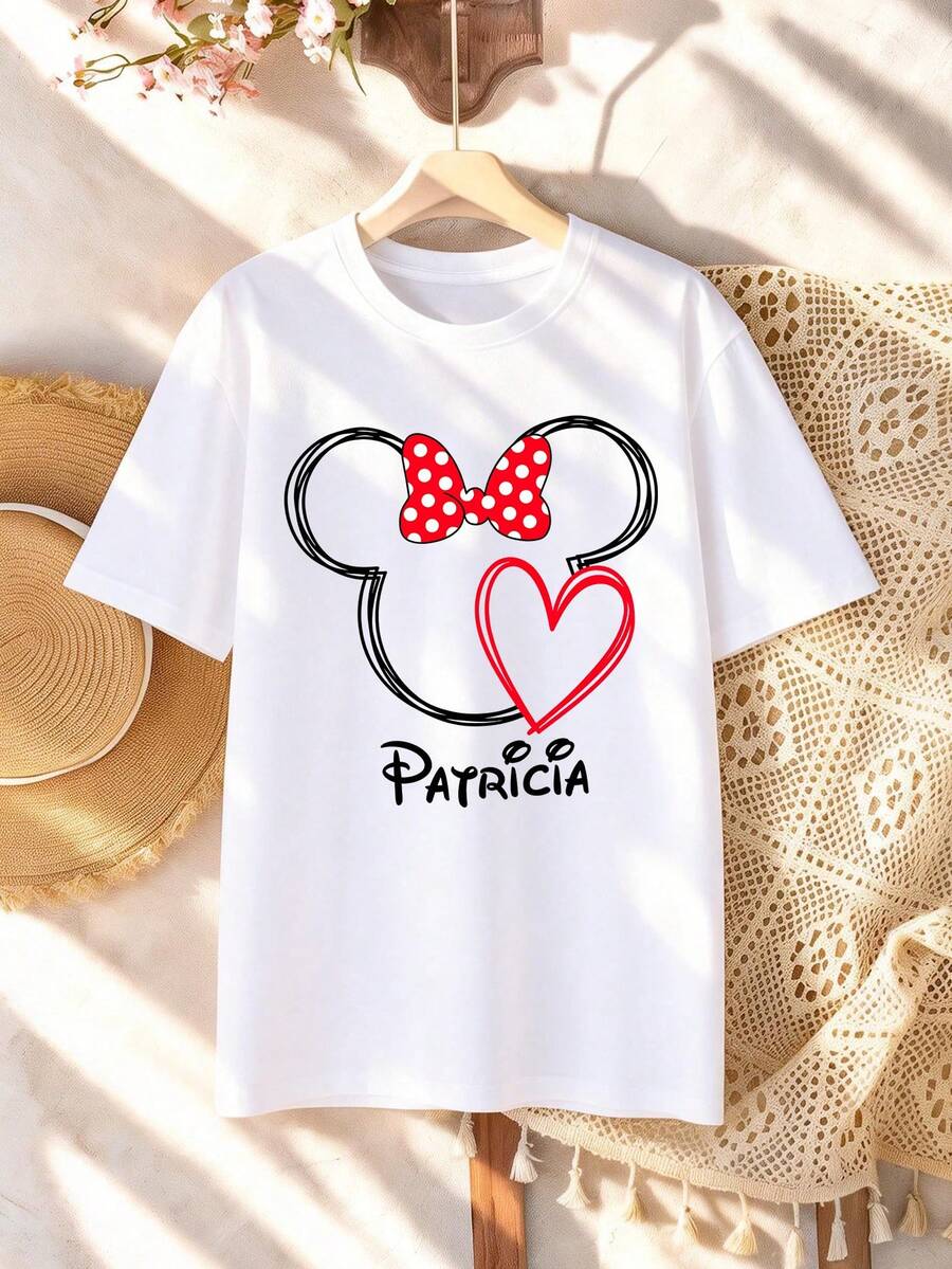 Disney Valentine's Day Elements Minnie Mouse Heart Print Pattern Girls' T-Shirt - Children's Clothing Design Short-Sleeve Casual Cute Style Comfortable And Relaxed Suitable For Boys And Girls, Perfect For Parties And Play Machine Washable Gift Children's Clothing Girls' Short-Sleeve Shirt - trắng - Xem 1