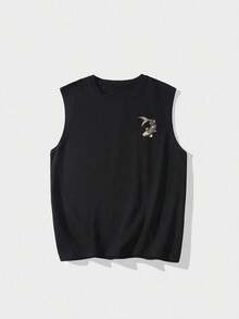 Plus Size 2 Pieces Set: Men's Japanese Koi Pattern Sleeveless Tank Top, Casual Loose Street Style T-Shirt - Black - View 3