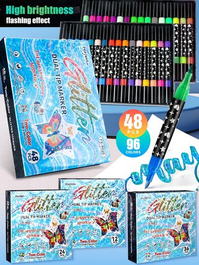 1支装24/48/72/96色双头闪光马克笔，双头金属荧光笔，水彩笔，适用于学生美术绘画