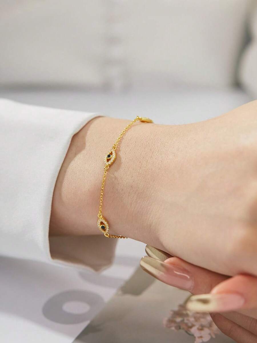 1 pieza Pulsera de plata de ley S925 con diamantes incrustados en forma de ojo de diablo, diseño personalizado de moda, versátil, pulsera con forma de ojo exquisita como regalo para mujeres - Ojo del diablo - Ver 1