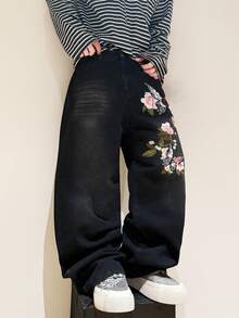 Justice Brother 1pc Korean Style Personalized 3D Embroidered Men's Black Denim Wide Leg Pants, Fashionable All-Season Versatile Casual Comfortable Long Trousers (Belt/Accessories Not Included) - Black - View 5