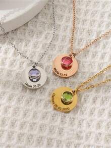 1pc Personalized Date Disc Necklace With Birthstone, Custom Text Birthstone Pendant Necklace Gift For Her, Engraved Coin Necklace, Anniversary Gift, Valentine's Day Gift, Graduation Gift, Christmas Gift, Birthday Gift - Multicolor - View 10