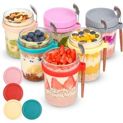 Overnight Oats Containers With Lids,4 Pack 18oz Overnight Oats Jars With Spoons,Salad Meal Prep Jar With Bamboo Lids For Chia Seed Pudding Salad Cereal Coffee Flour,Sourdough Starter Jar For Bread