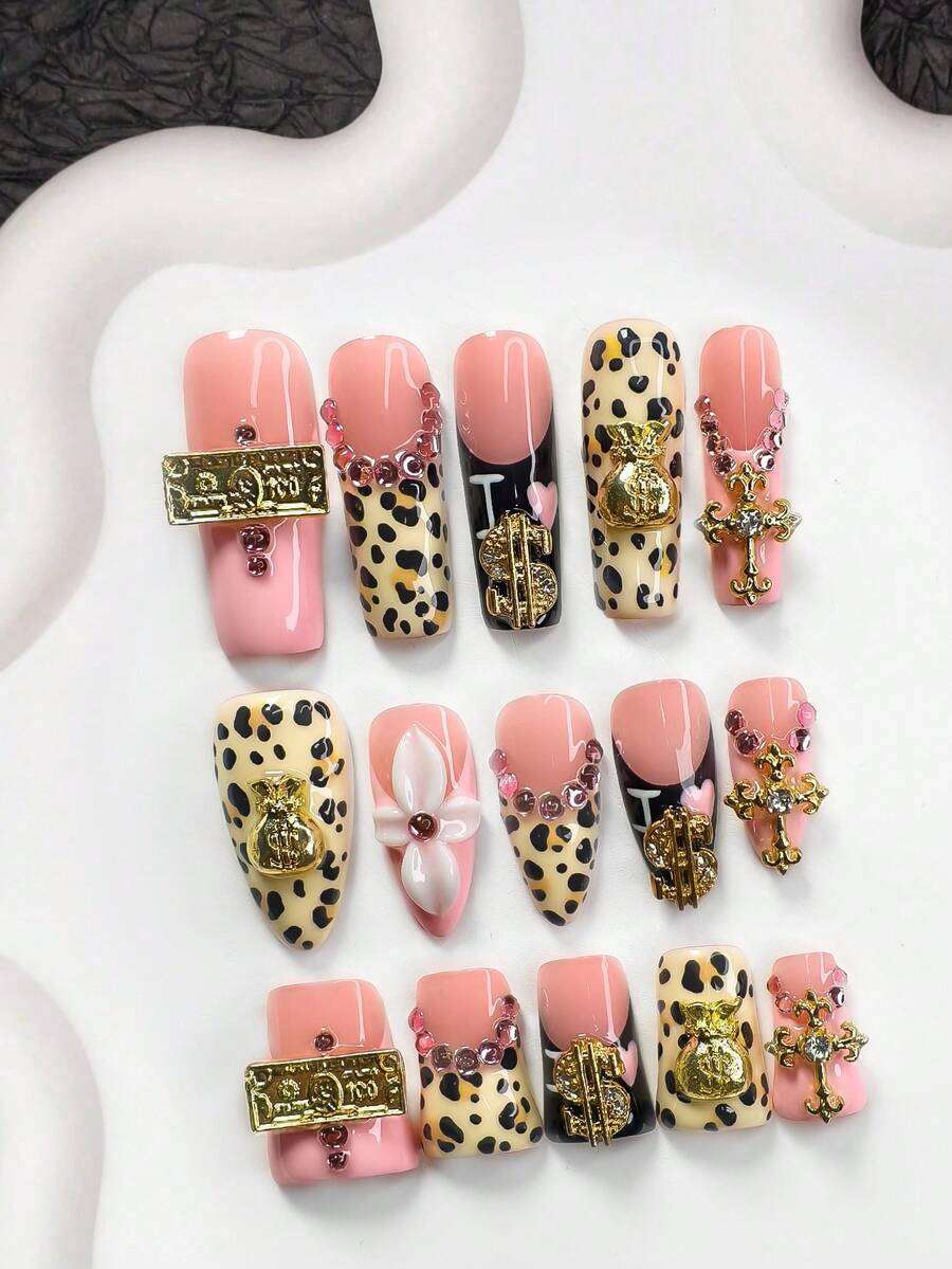 10件套可爱时尚豹纹美甲套装，亚克力按压式美甲贴片，金色福袋，美元，砖块美甲装饰，四叶白花，水钻十字架，粉色闪光水钻设计美甲用品手工按压式美甲贴片 - 彩色 - 查看 1