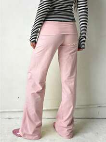 Women Wide Leg Pants Solid Color Fold Over Waist Casual Trousers Spring Fall Loose Sweatpants Bottoms - Pink - View 2