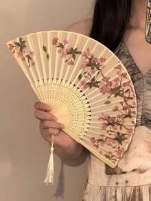 1pc Retro Folding Fan, Tassel Handheld Bamboo Fan, Crabapple Fan, Bamboo Fan, Painted Fan, Folding Hand Fan, Wedding Hand Fan, Party Hand Fan, Decorative Fan, Elegant Casual Style, Mother's Day Gift, Birthday Gift, Back To School Gift, Home Decor, Bamboo Art Ornament, Beach Essentials, Graduation Season, Commencement, Congrats Grad, Graduation Party, Travel Hiking Essentials, Camping Essentials, Portable Tools, Summer Essentials, Summer Portable - Multicolor - View 3
