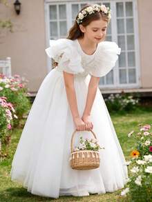 少女优雅刺绣蝴蝶结长袖薄纱长裙，公主裙，适合花童、生日派对、婚礼、舞会、毕业典礼、复活节等场合。 - 白色 - 查看 7