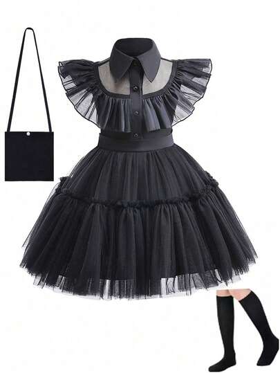 Children's Puff Skirt Set Includes Socks, Bag, Carnival/Black Party Evening Dress, Dreamy Princess Costume