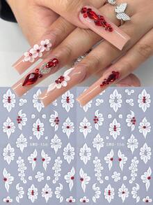 2 piezas Pegatinas de uñas 5D con elegantes pétalos blancos, diseño de joyería con flores rojas y cristales, decoración de uñas autoadhesiva para regalo de mujeres y niñas, suministros para manicura de salón - Multicolor - Ver 9