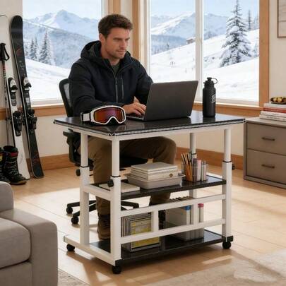 Standing Desk Crafting Workstation, Height-Adjustable Folding Table With Wheels And Storage Shelf Integrated Shelving Mobile Computer Desk With Universal Wheels, For Home Office, Sofa, Small Space