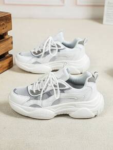 Women's White And Gray Mesh Leather Patchwork Platform Sneakers For All Seasons, Featuring Comfortable Soft Soles, Lightweight And Versatile, Suitable For Outdoor Hiking And Walking. Retro Casual Sporty Style, Perfect For Everyday Wear Or Holiday Gifts. - White Ash - View 5