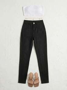 Women's High Waisted Solid Black Skinny Jeans - Basic Slim Fit Bodycon Denim Pants Soho Minimalist Essentials - 黑色 - 查看 3