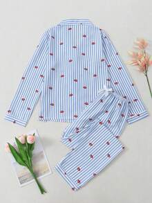 Women's Striped Red Lip Print Bubble Crinkle Long Sleeve Pajama Set - Blue - View 2