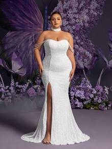 Faeriesty 优雅大码闪亮珍珠点缀白色婚纱 - 无肩带心形领口，配项链、珍珠链臂环，美人鱼廓形高开衩曳地长裙 | 适合婚礼仪式、正式婚宴、奢华派对、盛大晚宴 - 白色 - 查看 2