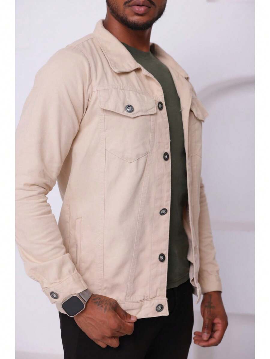 Men's Traditional Denim Jacket With Buttons - Versatile - 米色 - 查看 1
