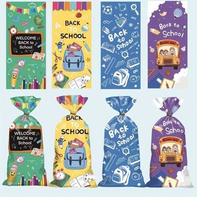 50pcs Back To School Gift Bags, Plastic Teacher Appreciation Theme Design With Pencil, Book, Bus Patterns, Colorful Storage Bags For Classroom Parties, Gifts, And Teaching Material Organization, Multi-Color Decorative Bags For Teacher's Day Classroom Decor