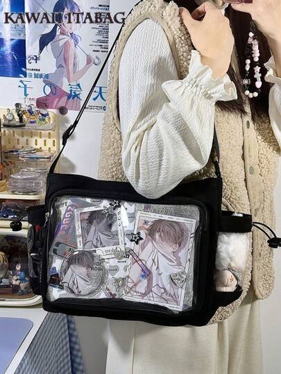 Preppy Style Soft Crossbody Bags For Women Clear Transparent Bag Girls Back To School Gift College Student Shoulder Bag With 2 Side Transparent Pockets Japanese Kawaii Ita Bag Harajuku With Badges Display Plate Handbags Cross Body Bags Woman