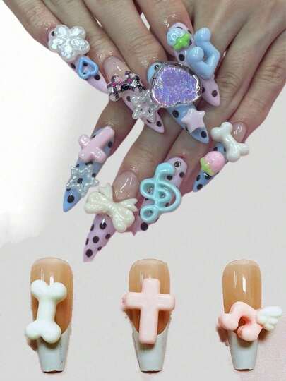 30件装情人节可爱甜美日式粉色巧克力爱心石音符十字架白骨美甲饰品八音符摆件手机壳打火机耳机装饰用品发夹手饰串珠DIY手工手链配件