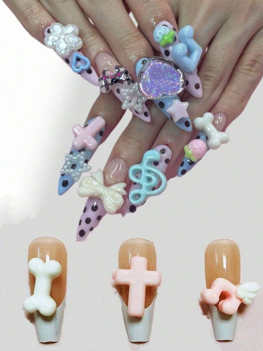 30件装情人节可爱甜美日式粉色巧克力爱心石音符十字架白骨美甲饰品八音符摆件手机壳打火机耳机装饰用品发夹手饰串珠DIY手工手链配件 - 彩色 - 查看 1