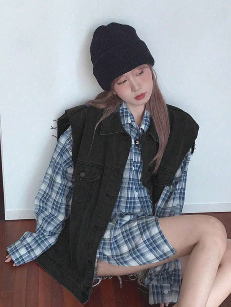 女士休闲时尚街头风纯色可叠穿宽松无袖牛仔背心外套 - 深灰色 - 查看 1