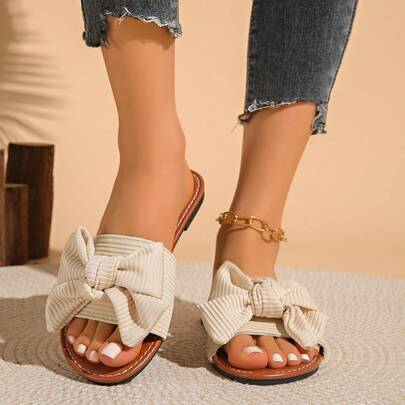 Women's Bow Tie Beach Slippers, Casual & Comfortable Ribbed Fabric, Lightweight And Non-Fatiguing, Versatile Slip-On Sandals To Pair With Dresses